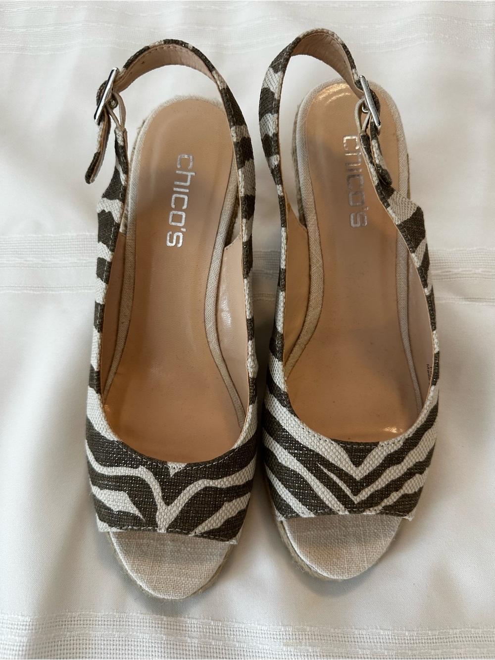 Chico's Zebra-Print Brown & White Slingback Wedges